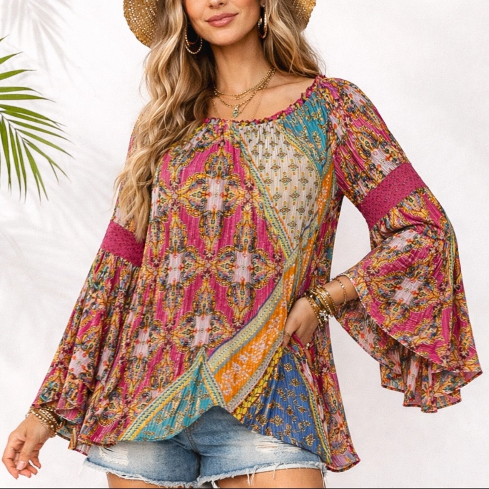 Melissa Paige Multicolor Boho Patchwork Bell Sleeve Blouse
